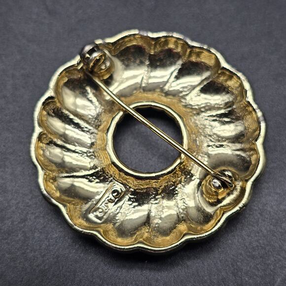 AJC Ribbed Donut Circle Brooch Gold Tone Vintage Jewelry - Picture 7 of 8